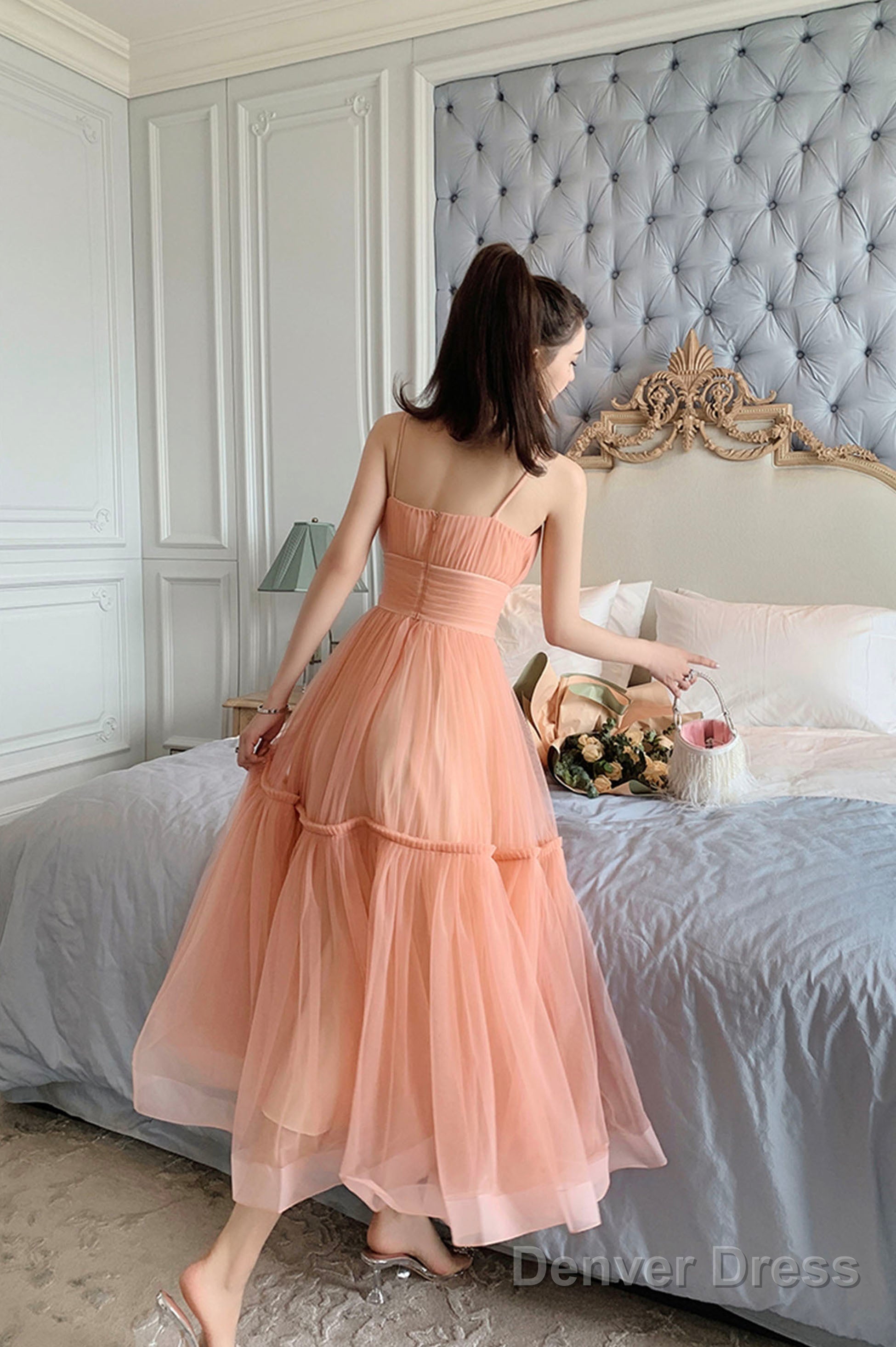 Cute Tulle Short A Line Prom Dress, Spaghetti Strap Tulle Homecoming Dresses