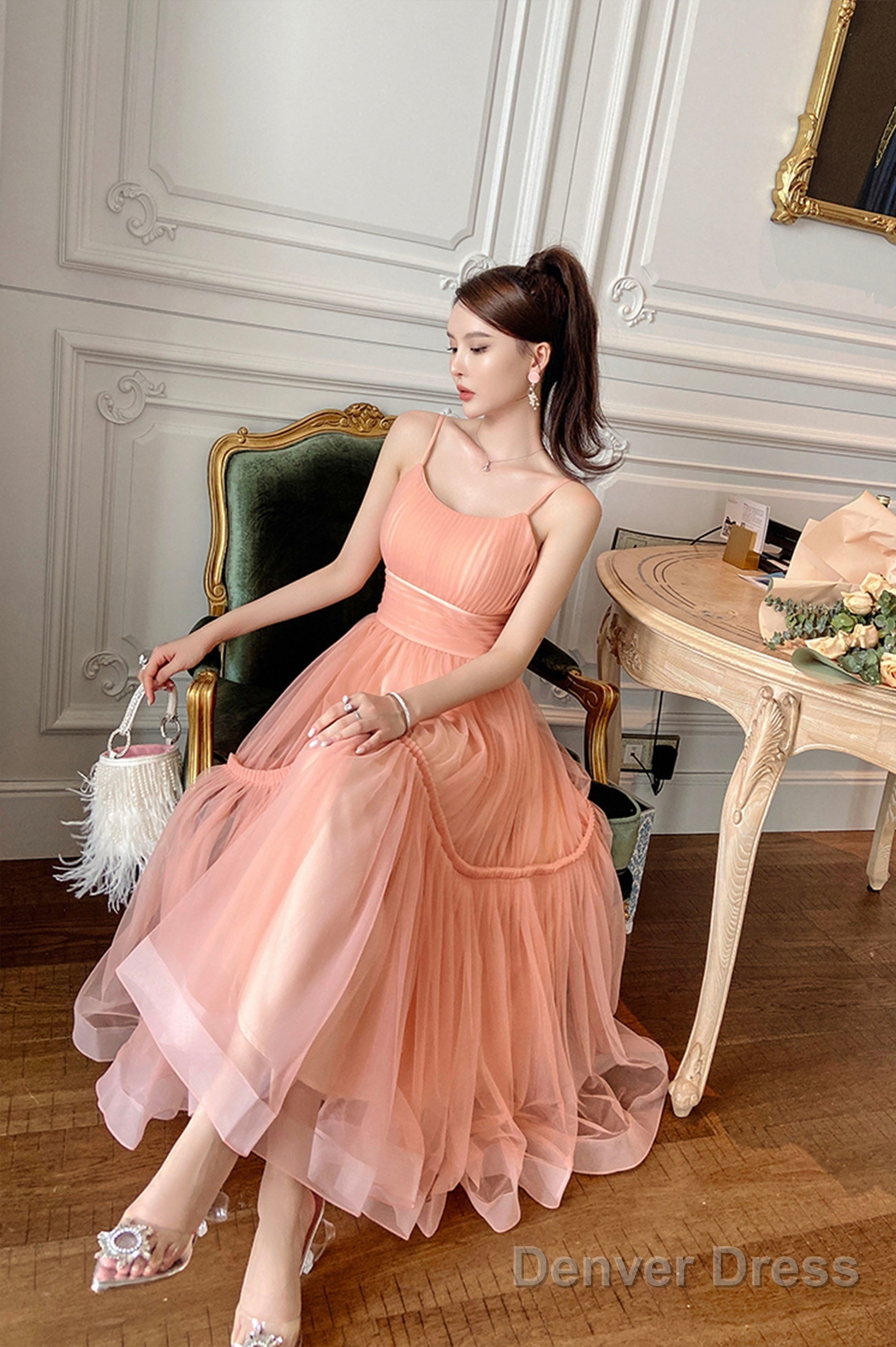 Cute Tulle Short A Line Prom Dress, Spaghetti Strap Tulle Homecoming Dresses