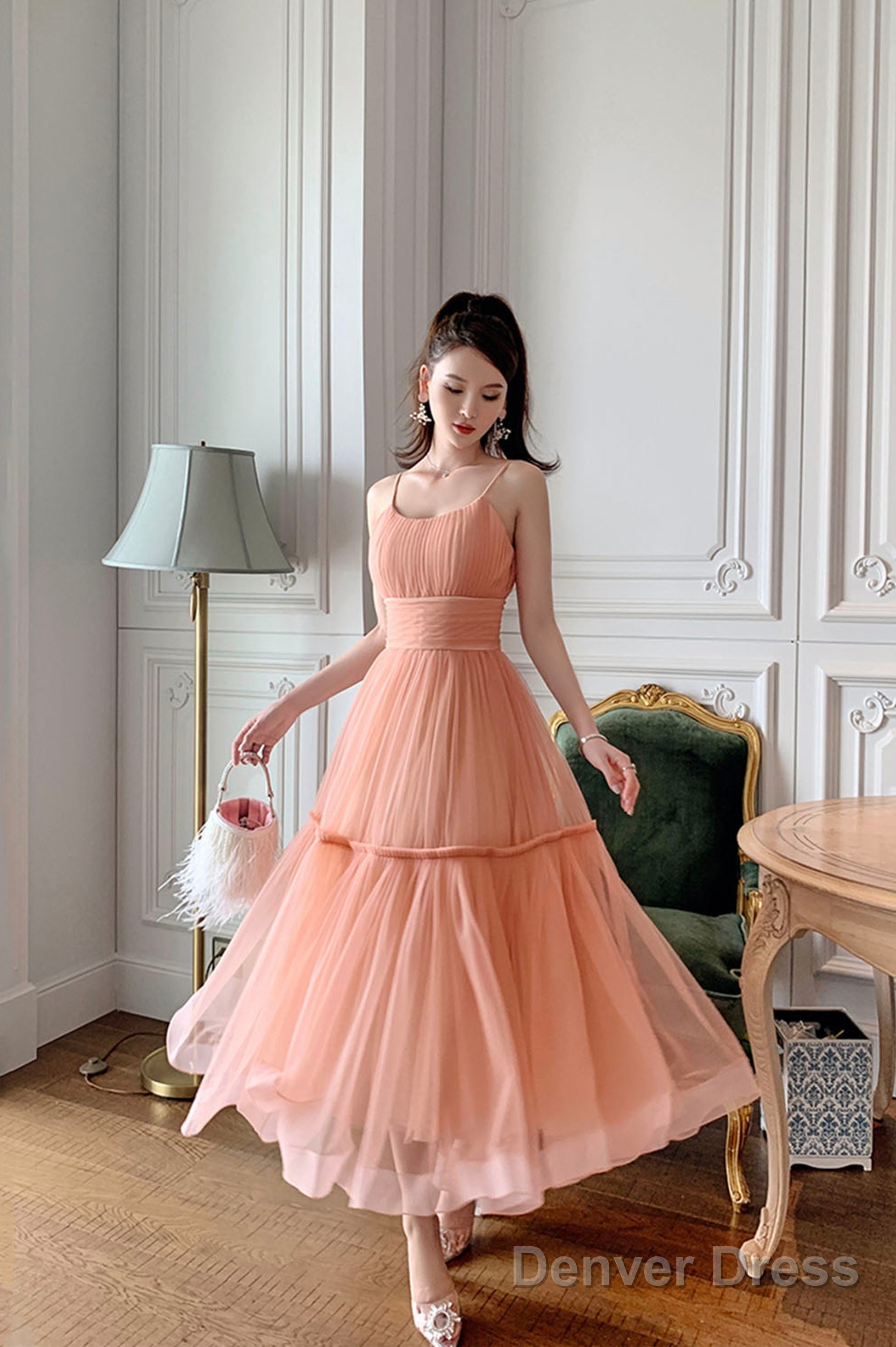Cute Tulle Short A Line Prom Dress, Spaghetti Strap Tulle Homecoming Dresses Main image