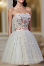 Cute Tulle Short Lace Applique Short Prom Dresses, Tulle Puffy Homecoming Dresses