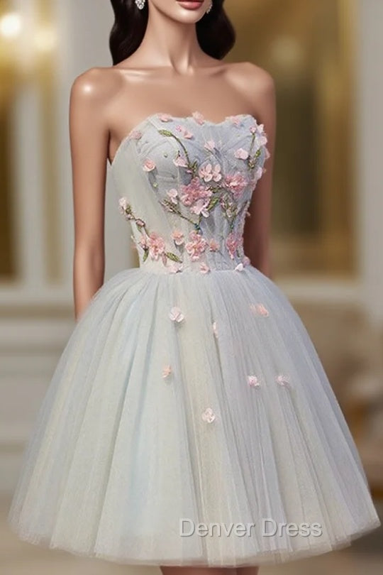 Cute Tulle Short Lace Applique Short Prom Dresses, Tulle Puffy Homecoming Dresses