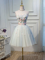 Cute Tulle Short Lace Applique Short Prom Dress, Tulle Puffy Homecoming Dresses
