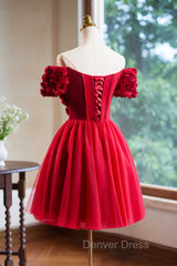 Cute Tulle Short Prom Dresses with Appliques, Red A-Line Homecoming Party Dresses