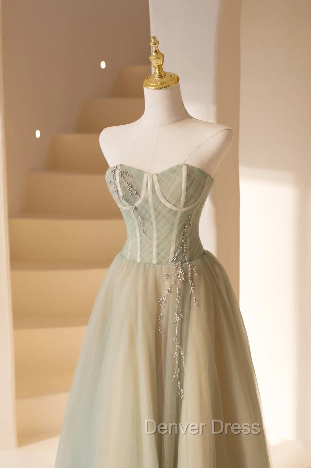 Cute Tulle Tea Length Prom Dresses, Green A-Line Strapless Evening Party Dresses Secondary image