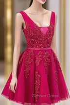 Cute Tulle V-neckline Beaded Short Prom Dresses, Homecoming Dresses 2026