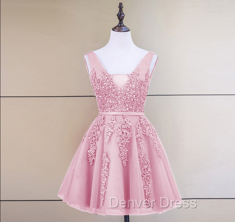 Cute Tulle V-neckline Beaded Short Prom Dresses, Homecoming Dresses 2026