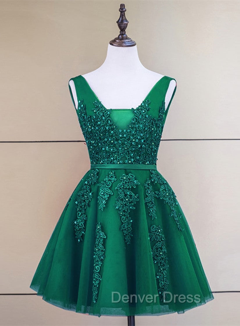 Cute Tulle V-neckline Beaded Short Prom Dresses, Homecoming Dresses 2026 Main image