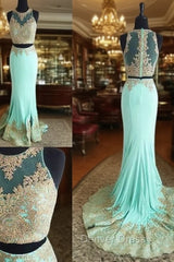 Cute Two Pieces Green Lace Mermaid Long Prom Dresses, Evening Dresses