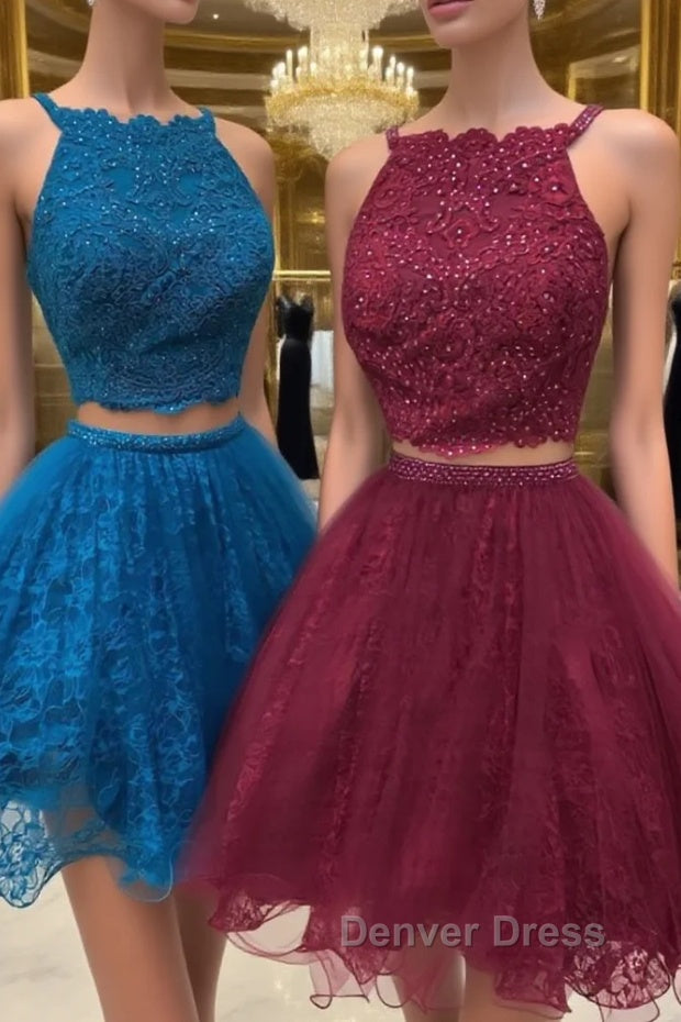 Cute two pieces lace tulle beads short prom Dress, lace homecoming Dresses Main image