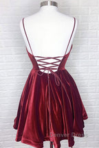 Cute V Neck Backless Burgundy Velvet Short Prom Homecoming Dress, Backless Maroon Prom Graduation Prom Dresses