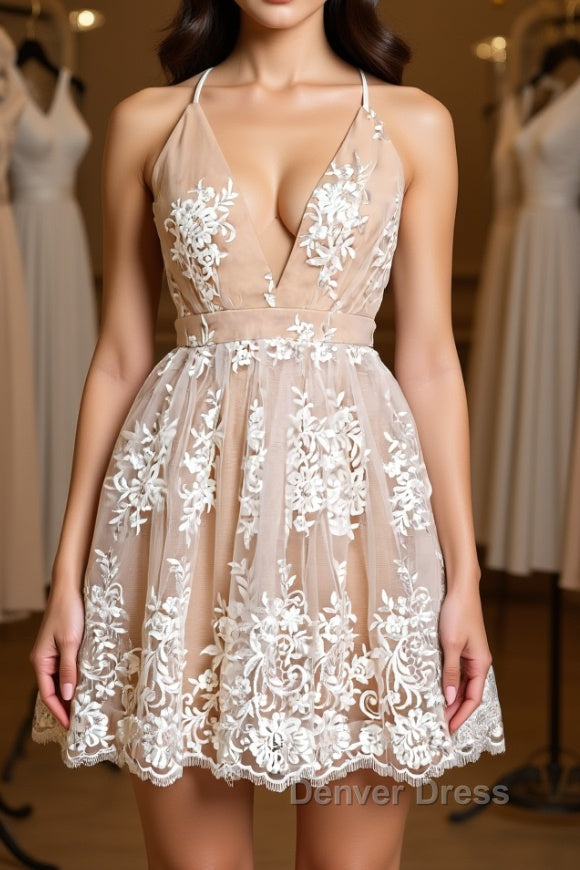 Cute V Neck Backless Pink Lace Appliques Short Prom Dress, Pink Lace Prom Graduation Homecoming Dresses