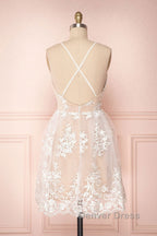 Cute V Neck Backless Pink Lace Appliques Short Prom Dress, Pink Lace Prom Graduation Homecoming Dresses