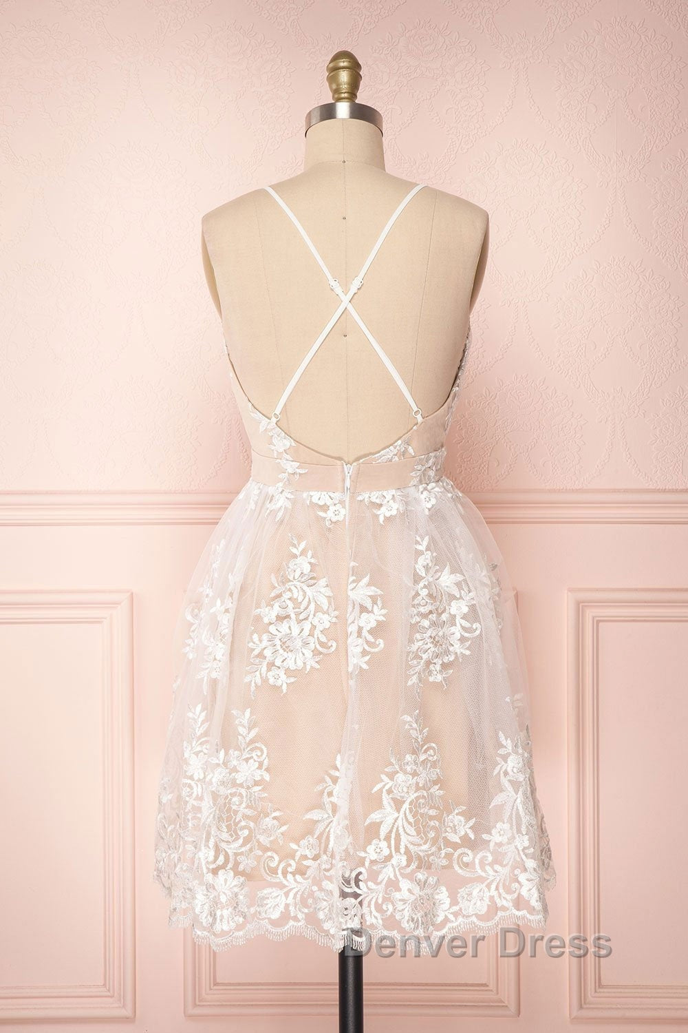 Cute V Neck Backless Pink Lace Appliques Short Prom Dress, Pink Lace Prom Graduation Homecoming Dresses