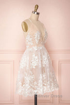 Cute V Neck Backless Pink Lace Appliques Short Prom Dress, Pink Lace Prom Graduation Homecoming Dresses