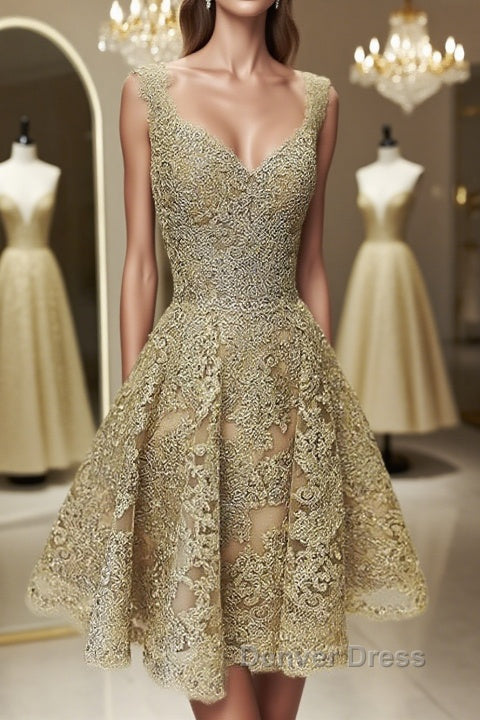 Cute V Neck Golden Lace Short Prom Dresses, Golden Lace Homecoming Dresses, Golden Formal Evening Dresses Main image