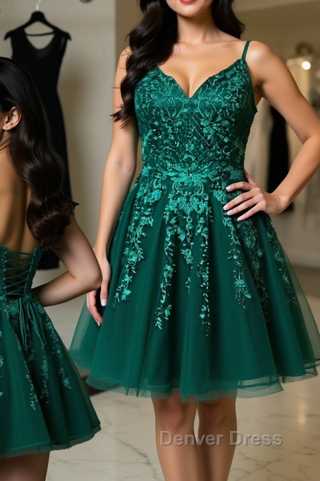 Cute V Neck Green Lace Short Prom Homecoming Dresses, Green Lace Formal Dresses, Green Evening Dresses Main image
