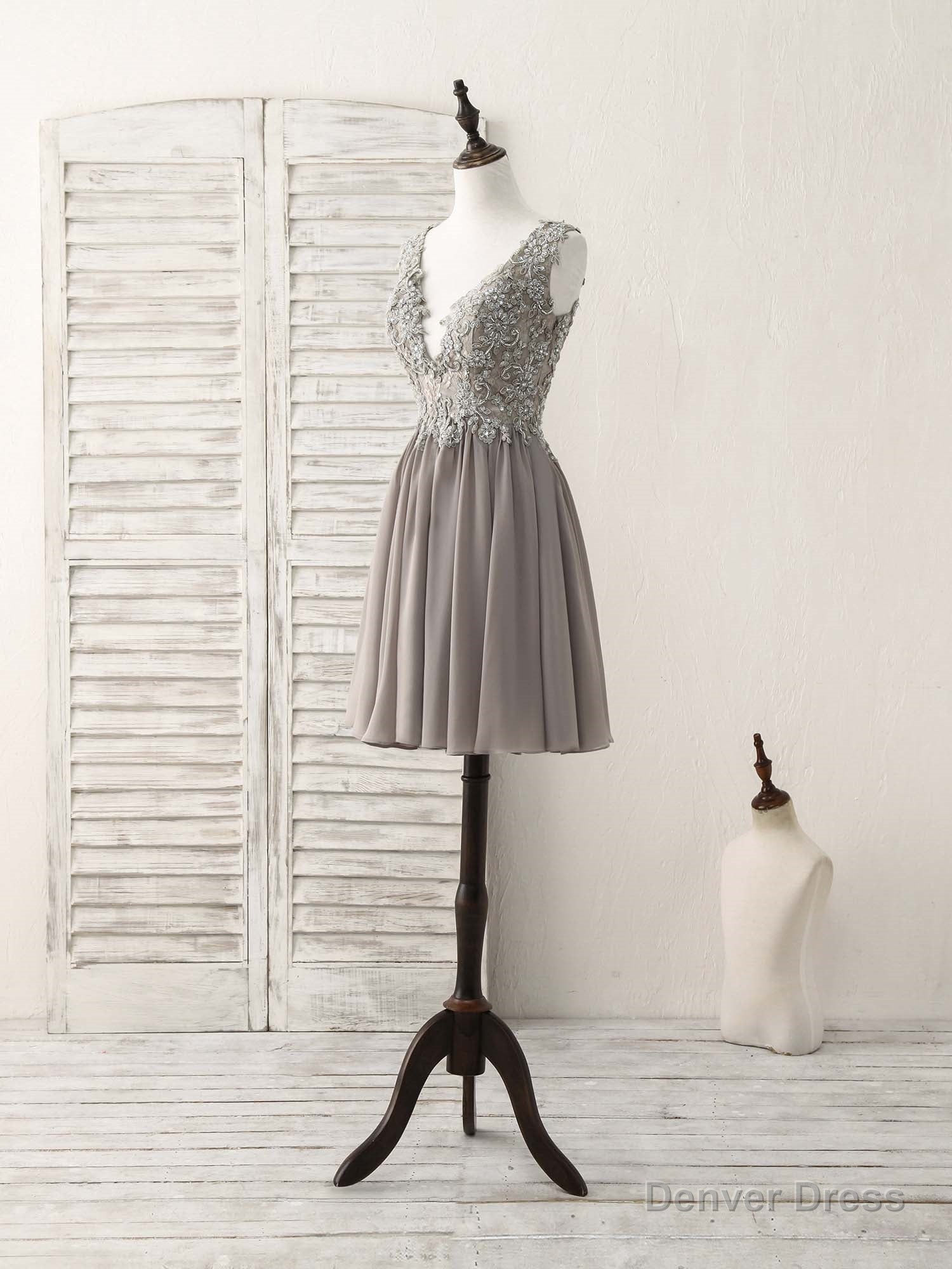 Cute V Neck Lace Chiffon Gray Short Prom Dress Gray Homecoming Dresses