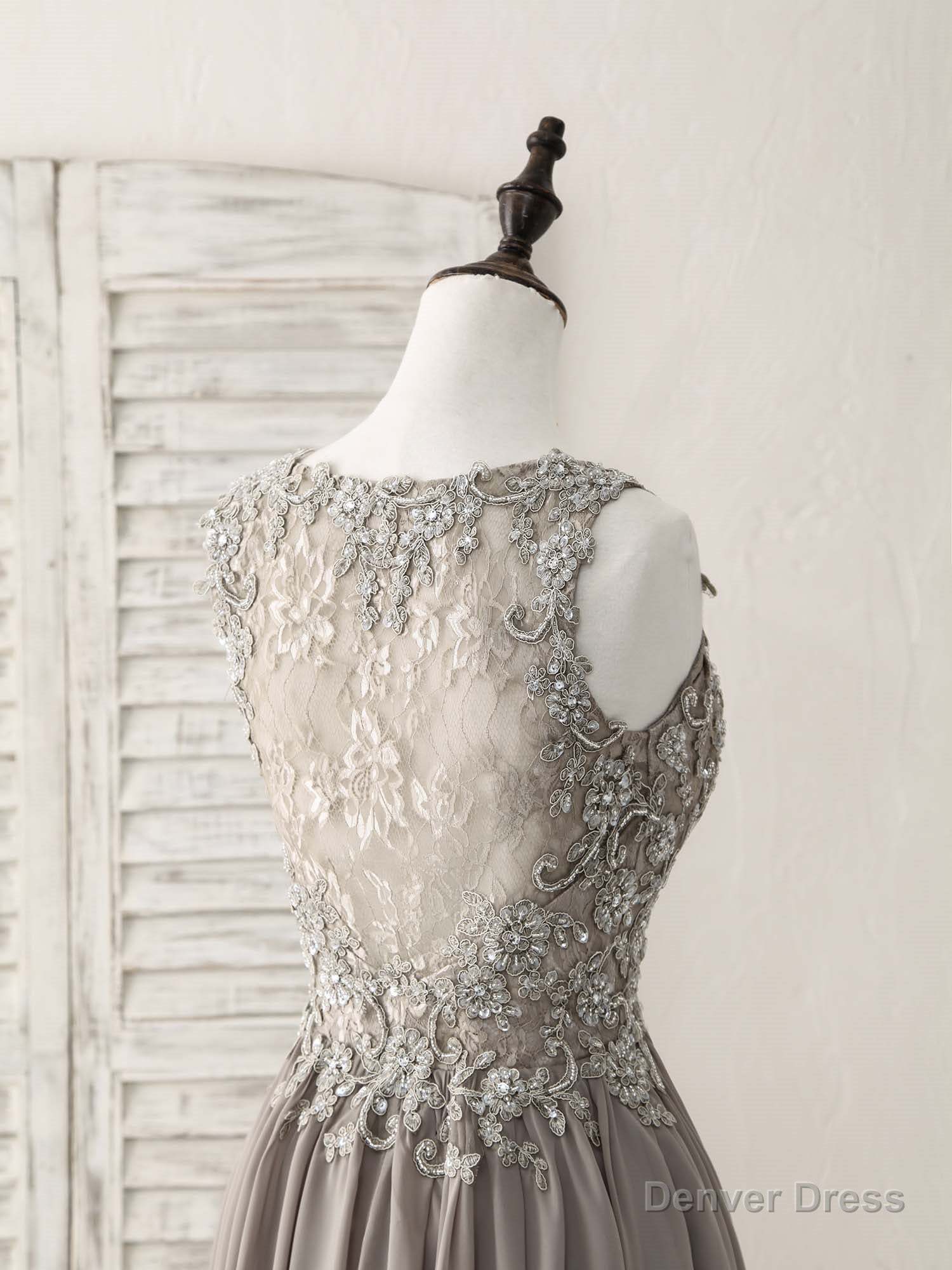 Cute V Neck Lace Chiffon Gray Short Prom Dress Gray Homecoming Dress