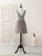 Cute V Neck Lace Chiffon Gray Short Prom Dress Gray Homecoming Dresses