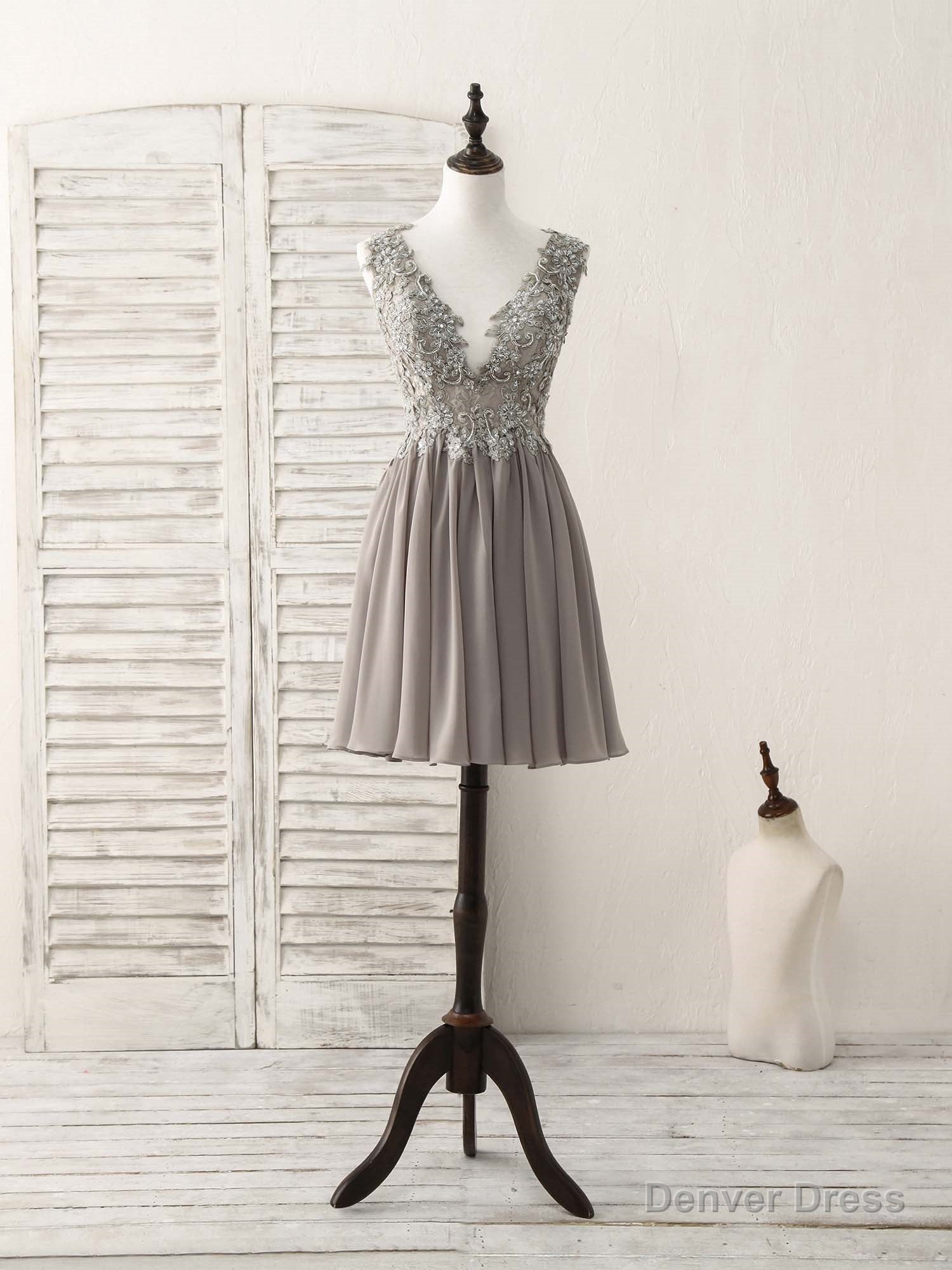 Cute V Neck Lace Chiffon Gray Short Prom Dress Gray Homecoming Dresses