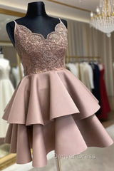 Cute V-Neck Lace Short Prom Dresses, A-Line Spaghetti Straps Homecoming Dresses