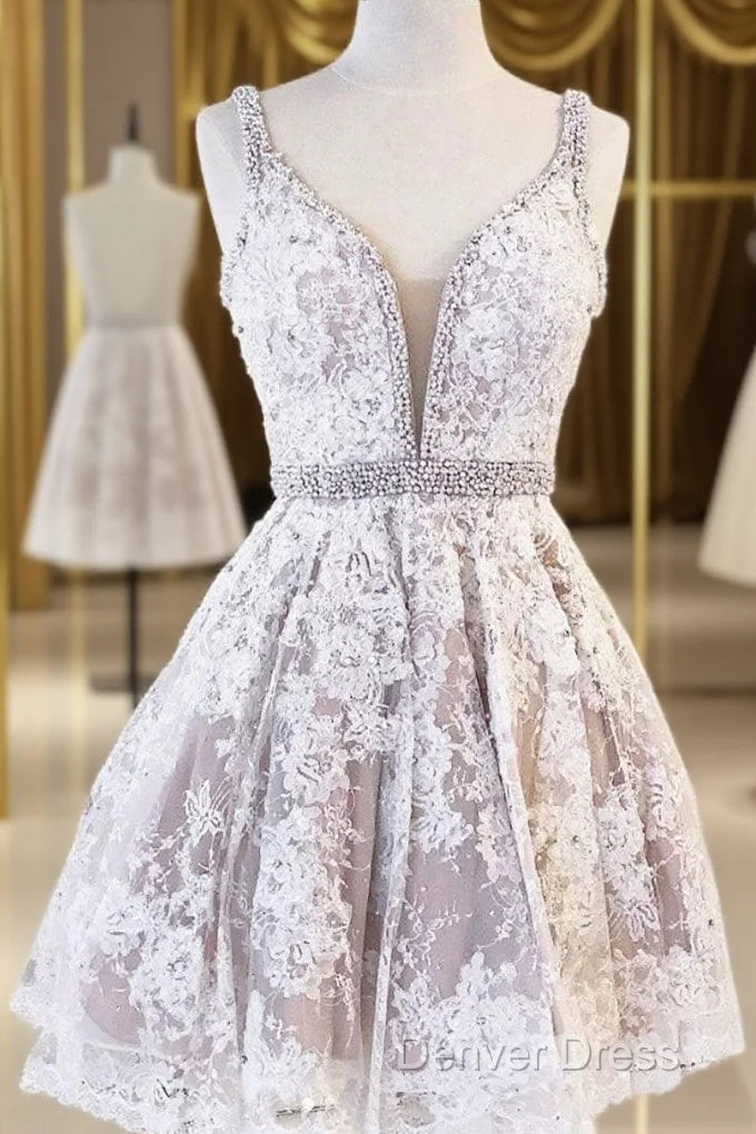Cute V Neck Lace Short Prom Dress Lace Homecoming Dresses