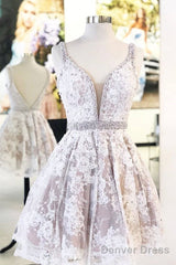 Cute V Neck Lace Short Prom Dress Lace Homecoming Dress