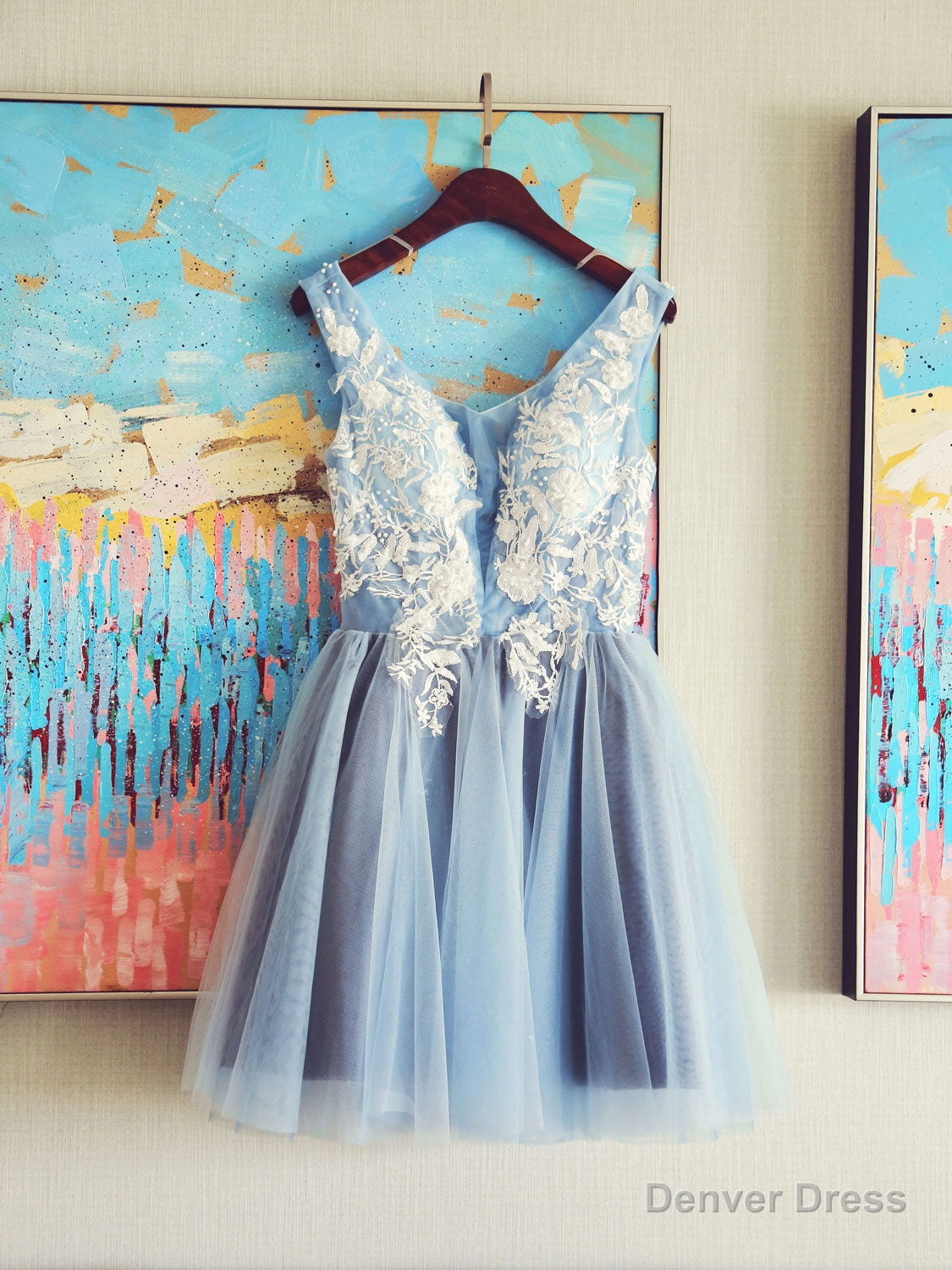 Cute V Neck Light Blue Tulle Lace Short Prom Dress Blue Homecoming Dress Main image