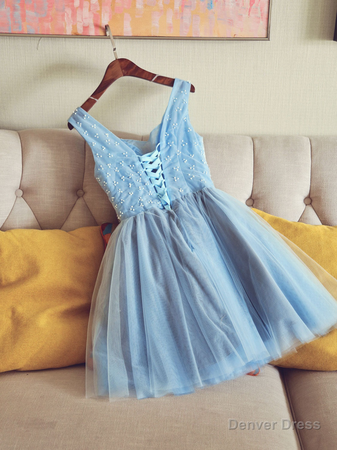 Cute V Neck Light Blue Tulle Lace Short Prom Dress Blue Homecoming Dresses