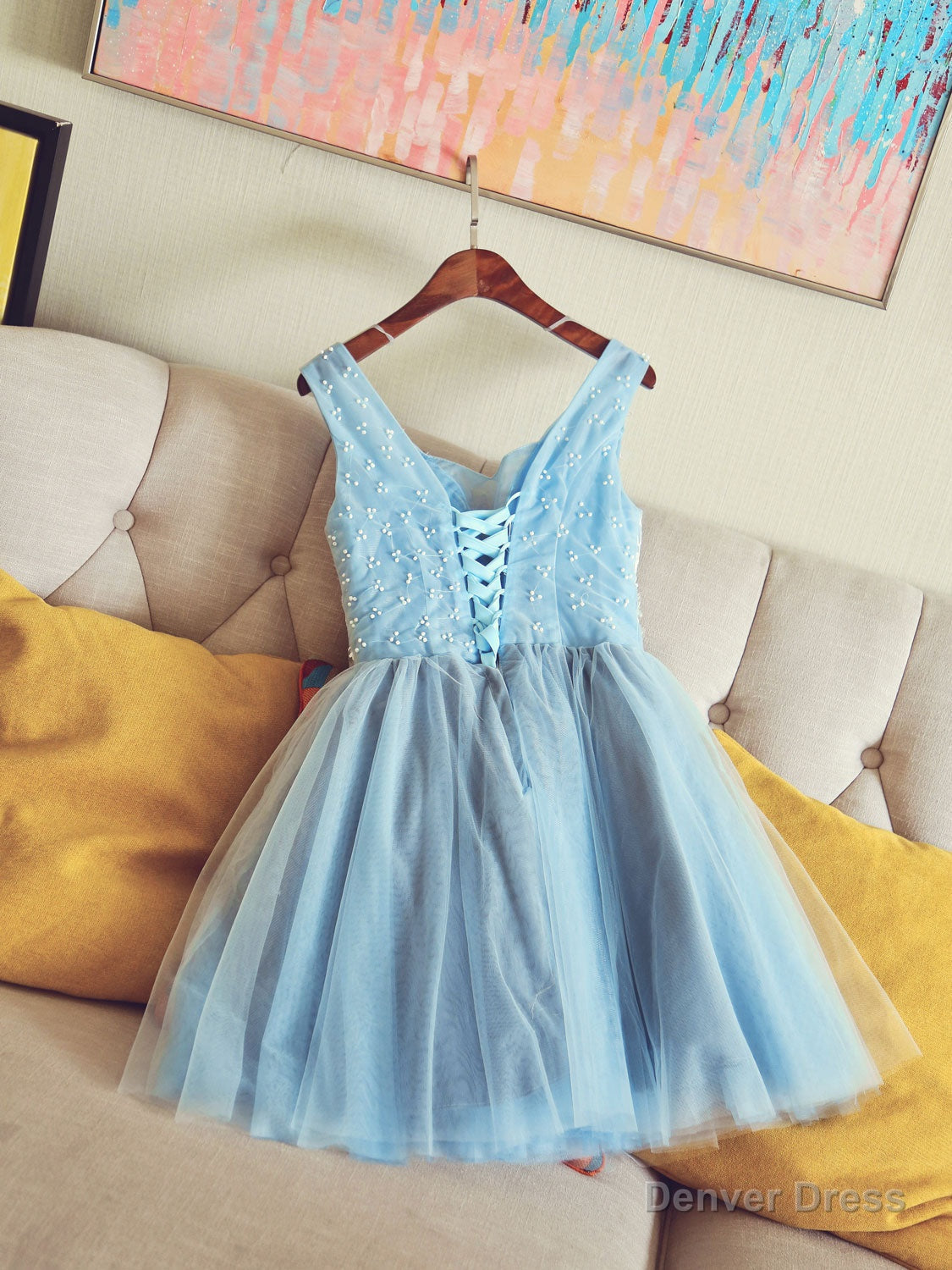 Cute V Neck Light Blue Tulle Lace Short Prom Dress Blue Homecoming Dresses