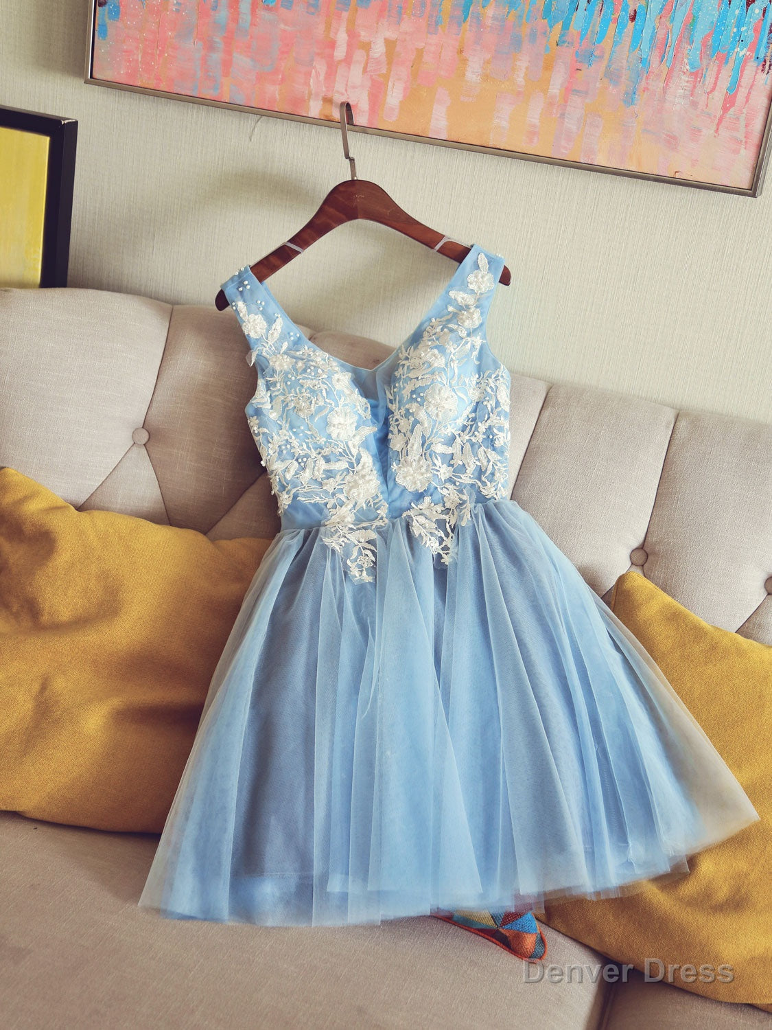 Cute V Neck Light Blue Tulle Lace Short Prom Dress Blue Homecoming Dresses