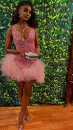 Cute V Neck Pink Short Homecoming Dresses Tulle Ruffles Pink Birthday Outfit Dresses
