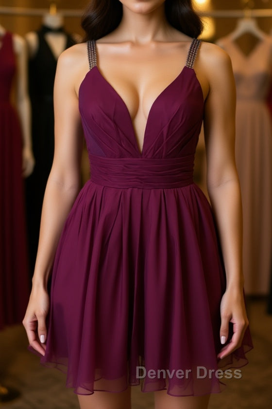 Cute V Neck Purple Chiffon Short Prom Dress Homecoming Dress, V Neck Purple Prom Dress, Purple Prom Dress Cocktail Dresses