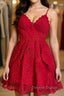 Cute V Neck Short Red Lace Prom Dress with Straps, Short Red Lace Prom Graduation Homecoming Dress, Red Cocktail Dresses