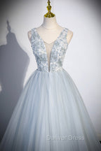 Cute V-Neck Tulle Long Prom Dresses, Gray Evening Dresses Party Dresses