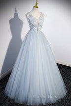 Cute V Neck Tulle Long Prom Dress, Gray Prom Dress