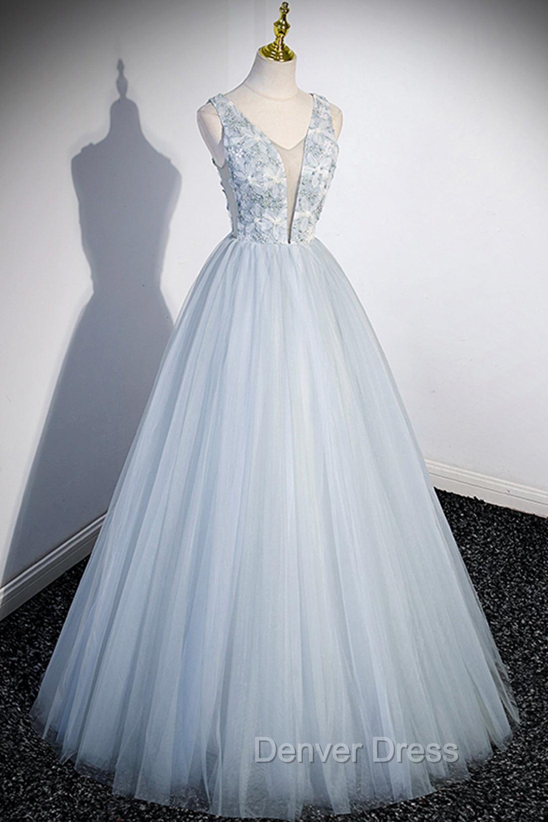 Cute V Neck Tulle Long Prom Dress, Gray Prom Dress