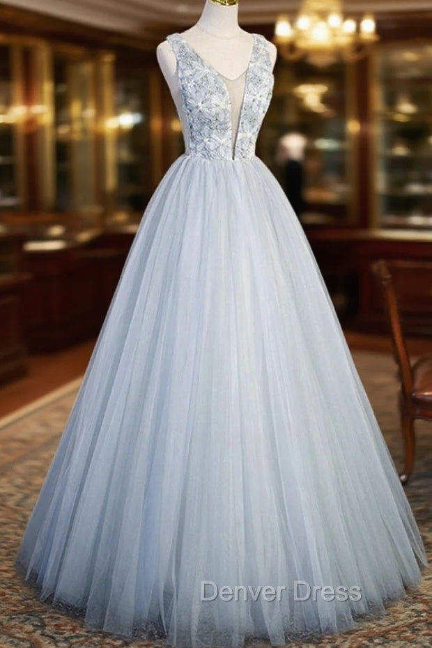 Cute V-Neck Tulle Long Prom Dresses, Gray Evening Dresses Party Dresses