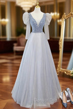 Cute V Neck Tulle Long Prom Dress with Beaded, A Line Long Sleeve Prom Dresses