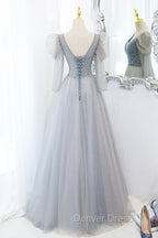 Cute V-Neck Tulle Long Prom Dresses with Beaded, A-Line Long Sleeve Evening Dresses