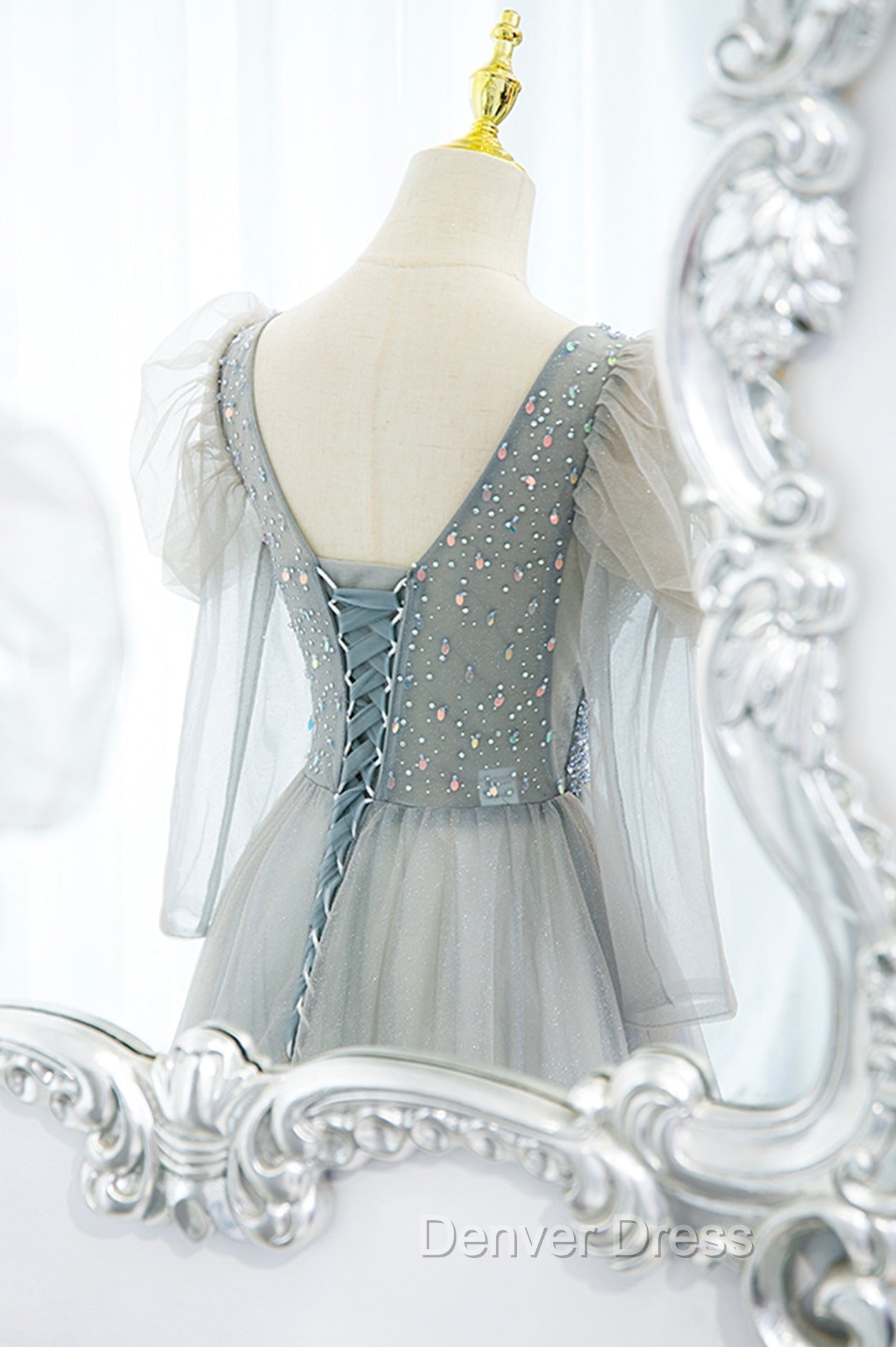 Cute V Neck Tulle Long Prom Dress with Beaded, A Line Long Sleeve Prom Dresses