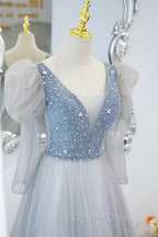 Cute V Neck Tulle Long Prom Dress with Beaded, A Line Long Sleeve Prom Dresses