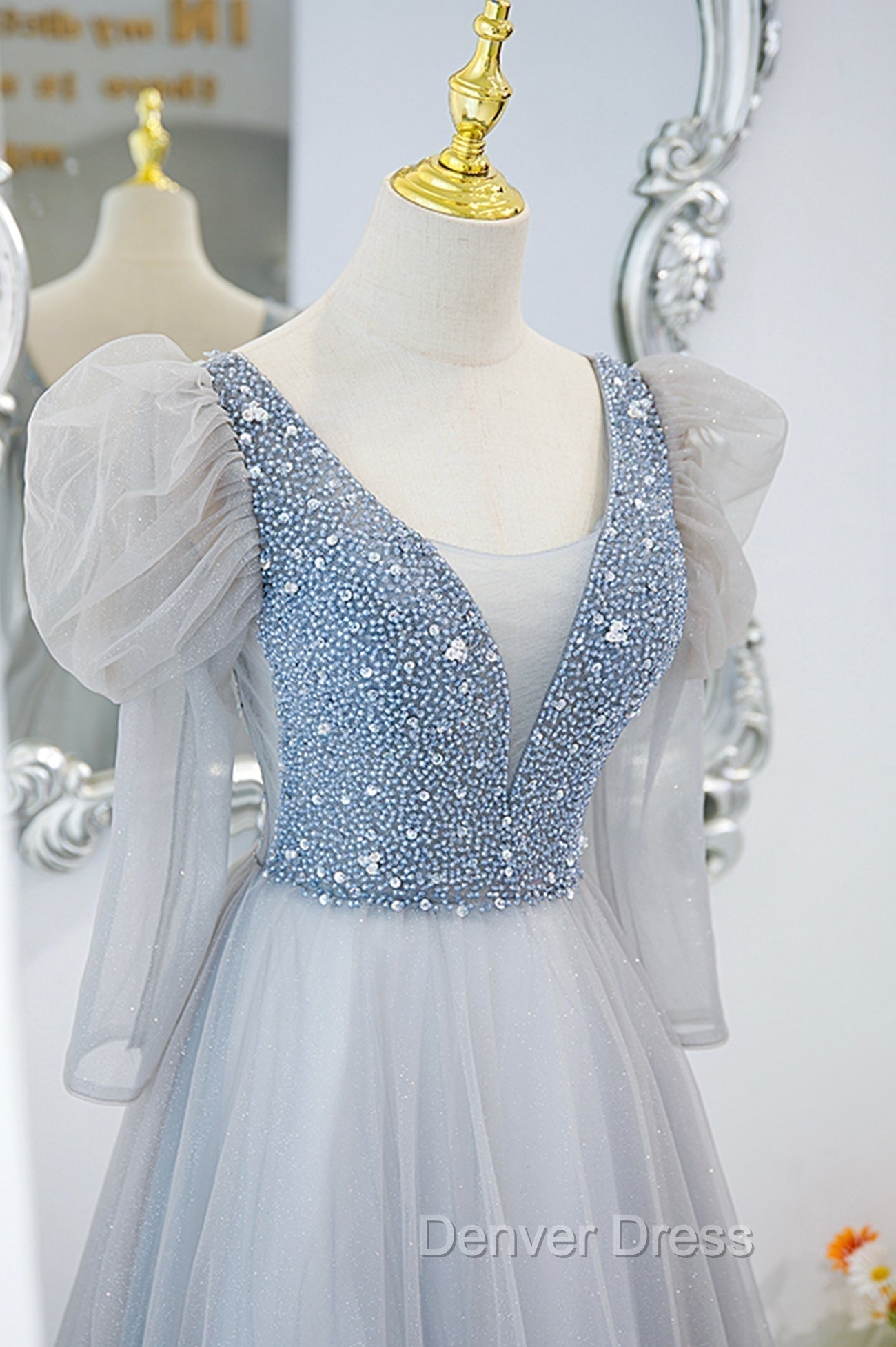 Cute V Neck Tulle Long Prom Dress with Beaded, A Line Long Sleeve Prom Dresses