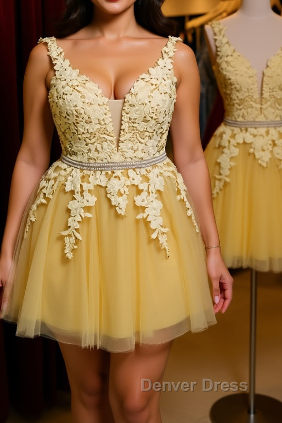 Cute V Neck Yellow Lace Short Prom Dress with Belt, Yellow Lace Homecoming Dress, Short Yellow Prom Dresses Main image