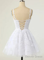 Cute V Neckline White Tulle With Lace Graduation Dress, White Short Prom Dresses