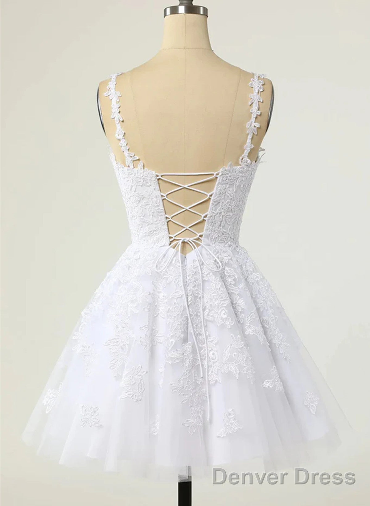 Cute V Neckline White Tulle With Lace Graduation Dress, White Short Prom Dresses