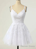 Cute V Neckline White Tulle With Lace Graduation Dress, White Short Prom Dresses