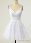 Cute V Neckline White Tulle With Lace Graduation Dress, White Short Prom Dresses
