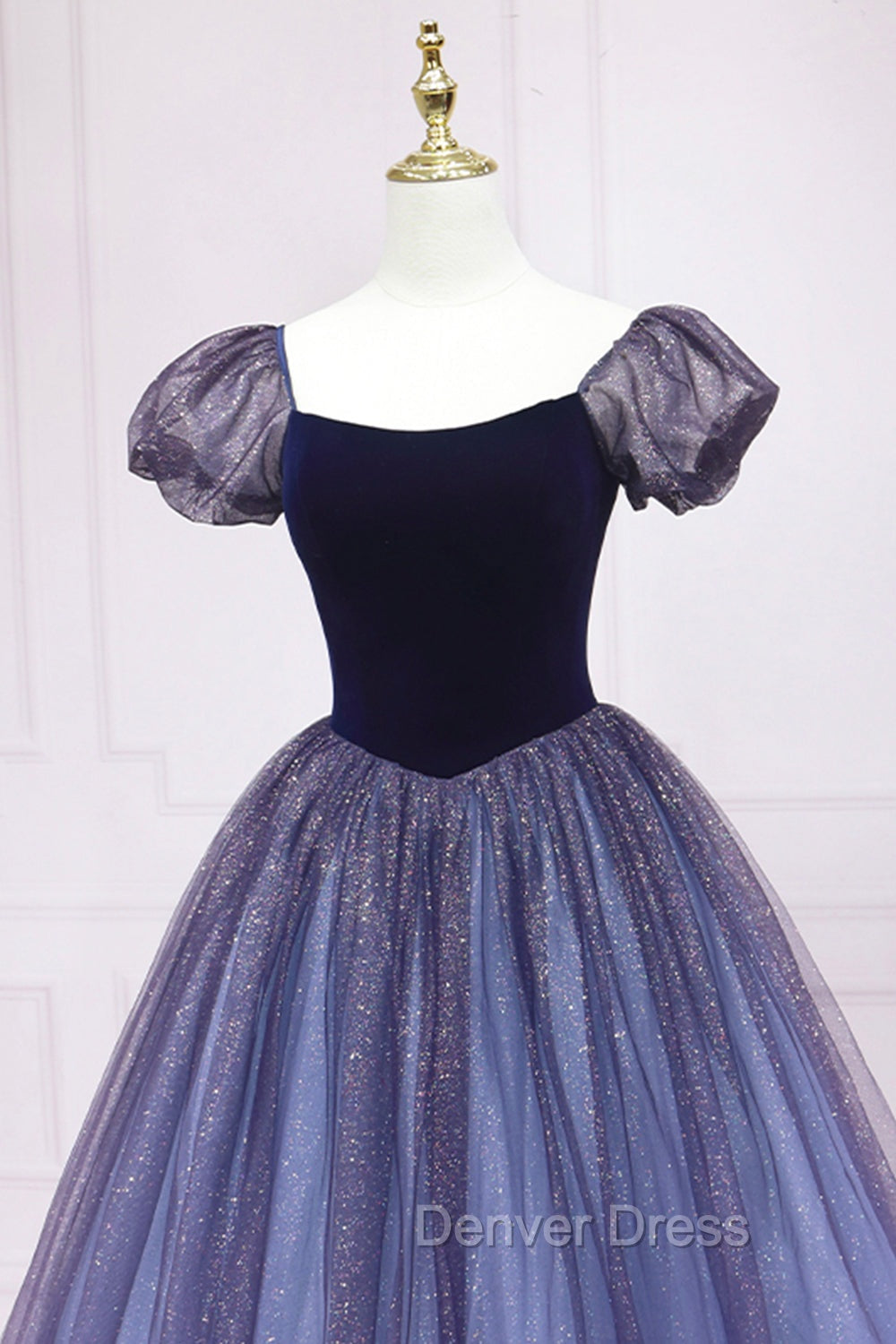 Cute Velvet Tulle Long Prom Dresses, A-Line Short Sleeve Graduation Dresses