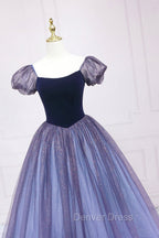 Cute Velvet Tulle Long Prom Dress, A Line Short Sleeve Graduation Dresses